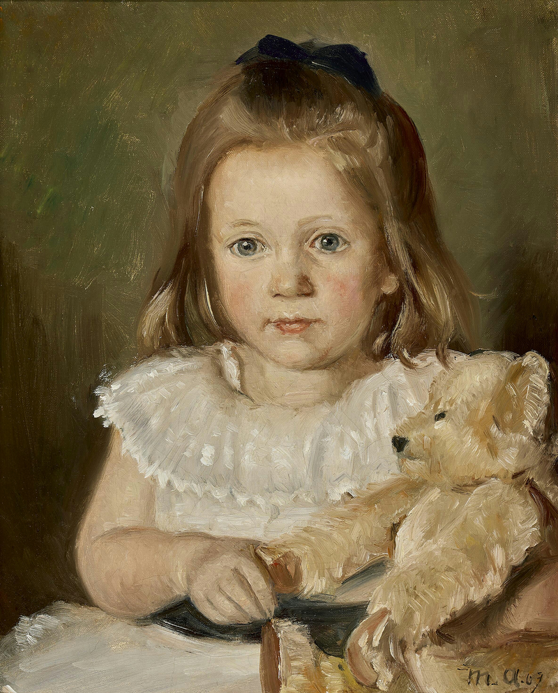 Muotokuva pienestä tytöstä nallekarhunsa kanssa. - Michael Peter Ancher