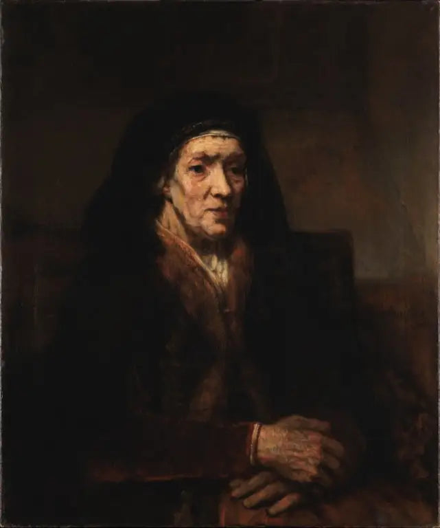 Vanhan naisen muotokuva istumassa, kädet ristissä - Rembrandt