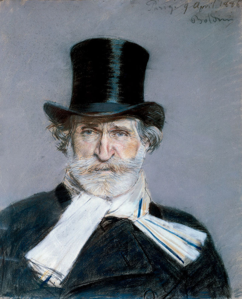 Giuseppe Verdin muotokuva valkoisessa huivissa ja smokissa - Giovanni Boldini