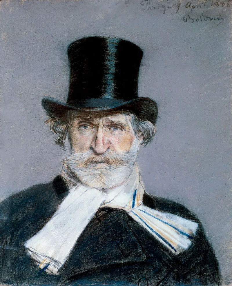 Giuseppe Verdin muotokuva valkoisessa huivissa ja smokissa - Giovanni Boldini