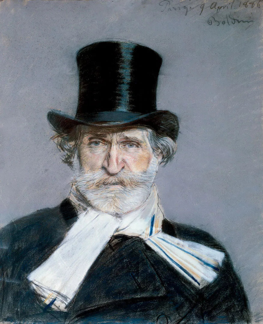 Giuseppe Verdin muotokuva valkoisessa huivissa ja smokissa - Giovanni Boldini