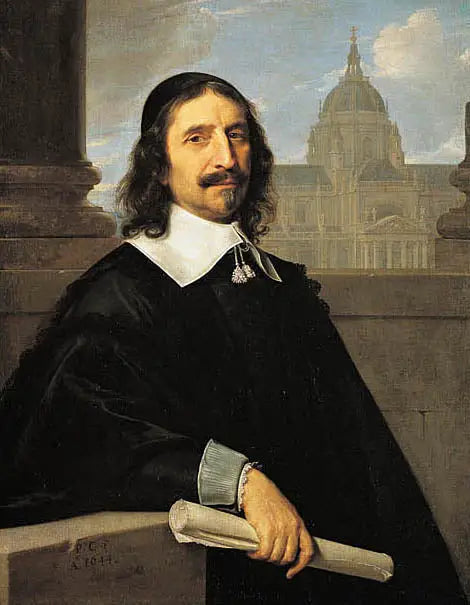 Jacques Lemercierin muotokuva Sorbonnen kappelin edessä, joka rakennettiin vuosina 1635–1653 - Philippe de Champaigne