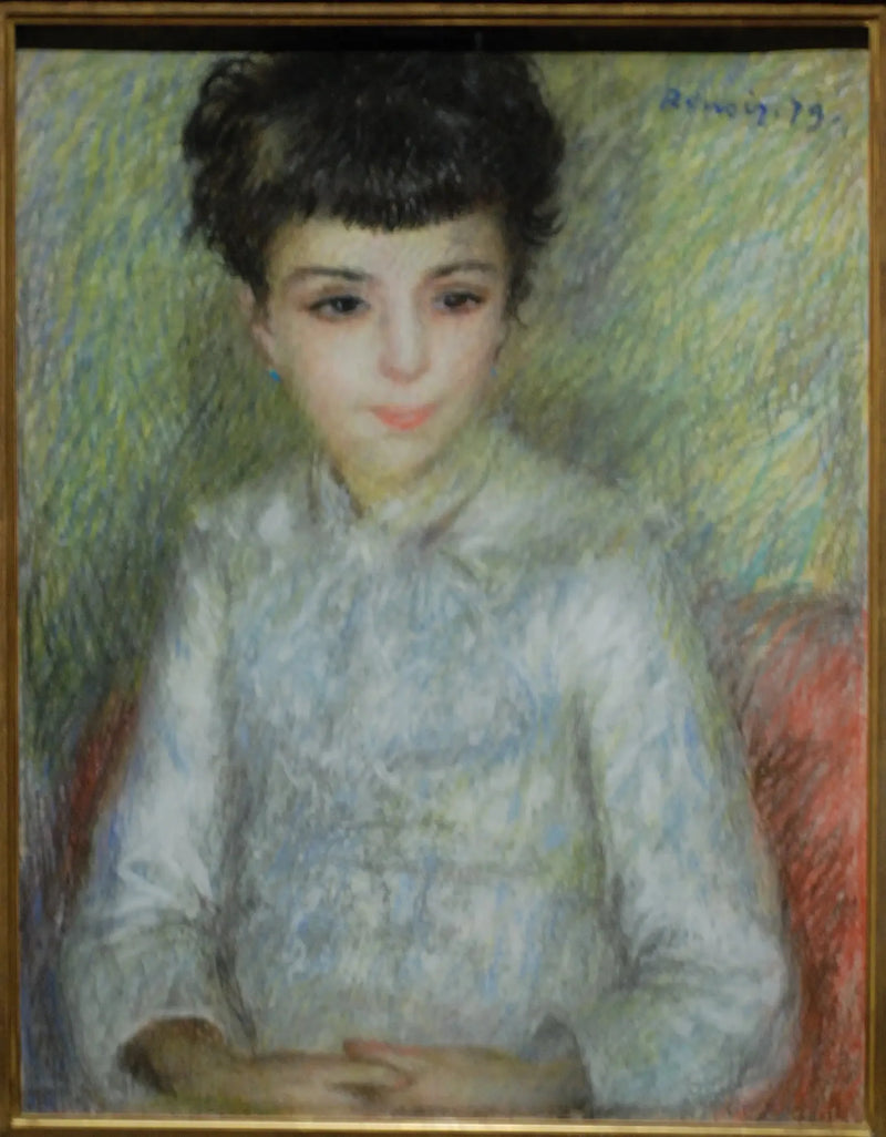 Nuoren ruskeahiuksisen tytön muotokuva, istuu kädet ristissä - Pierre-Auguste Renoir