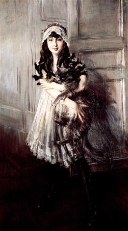 Josefina Errazuriz Alvear -muotokuva, jossa hän pitää kissaa - Giovanni Boldini