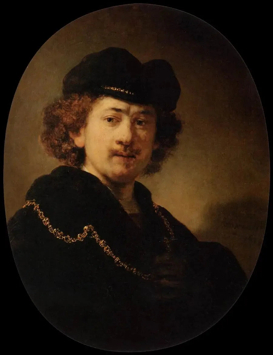 Taiteilijan muotokuva hattu päässä ja kultaketju kaulassa - Rembrandt