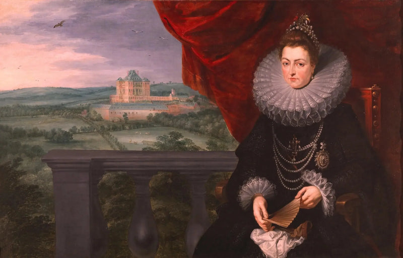 Infantin Isabelin muotokuva, taustalla Mariementin linna - Peter Paul Rubens