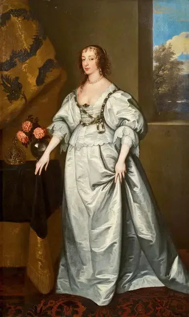 Kuninkaallinen muotokuva Henriette Marie -kuningattaresta seisomassa valkoisessa satiinipuvussa - Antoine van Dyck
