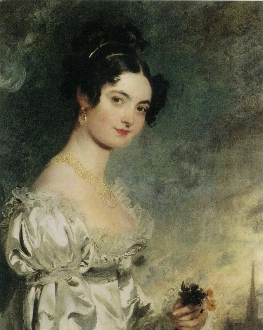 Lady Selina Meaden muotokuva (1797–1872), puolivartalokuva, satiinivaatteessa, jossa on Wienin Pyhän Tapanin katedraalin nuoli, yli - Thomas Lawrence