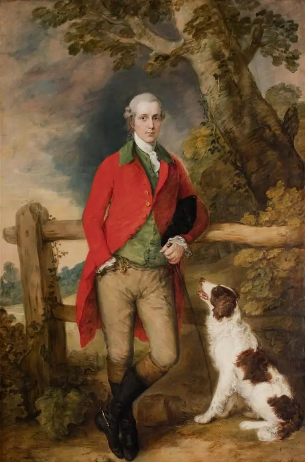 Robert Thistlethwayte Norman Courtin muotokuva, seisoo jalat suorina, pukeutuneena punaisiin päällystakkiin, vihreään liiviin ja chamois-värisiin shortseihin, pitäen tölkkiä kädessään, nojaten aitaan vasten, vieressään spanielikoira - Thomas Gainsborough