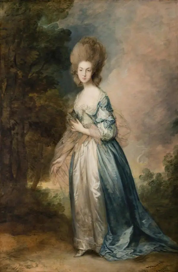 Selina Thistlethwayten muotokuva Normandian hovista, seisoo sinisessä ja valkoisessa mekossa - Thomas Gainsborough