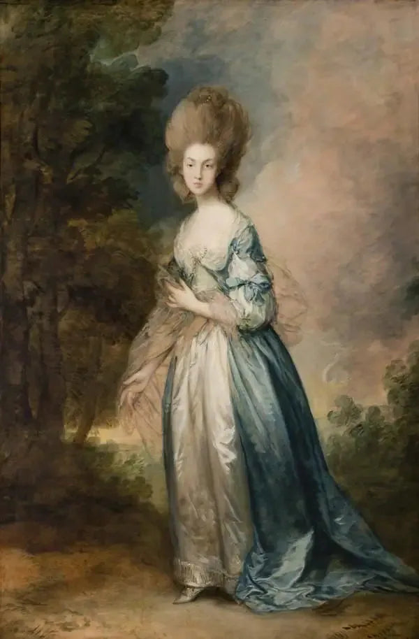 Selina Thistlethwayten muotokuva Normandian hovista, seisoo sinisessä ja valkoisessa mekossa - Thomas Gainsborough