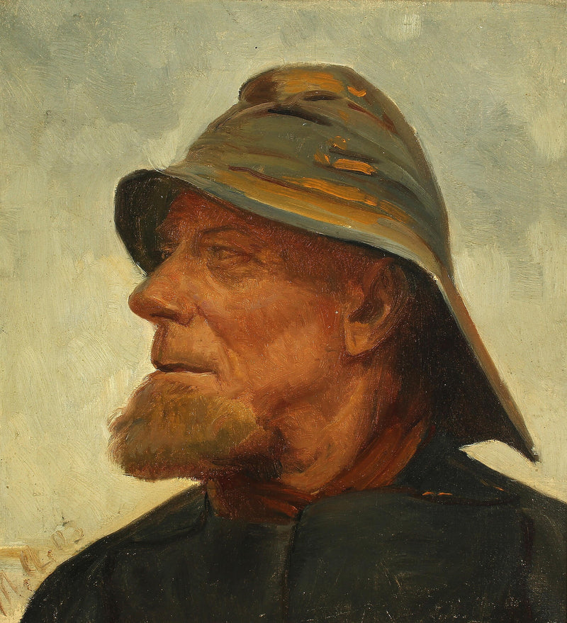Muotokuva kalastaja Jens Digetistä yllään öljynahka. -Michael Peter Ancher