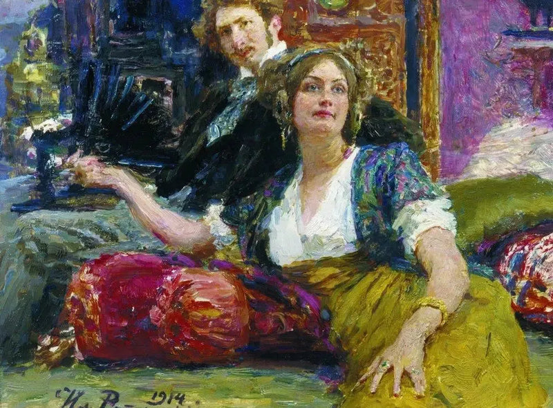 Muotokuva runoilijasta, prosaistista, kääntäjästä ja näytelmäkirjailijasta Sergei Mitrofanovitch Gorodetskista hänen vaimonsa kanssa - Ilya Repin