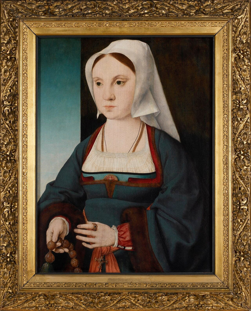 Naisen muotokuva rukoilevalla rukousnauhalla - Joos van Cleve