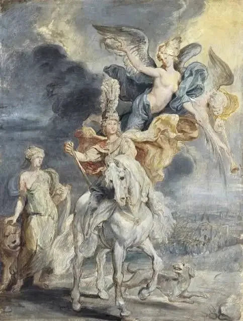 Ratsastajaporträt Marie de Médicisistä (1575-1642) ja Juliersin voitto - Peter Paul Rubens