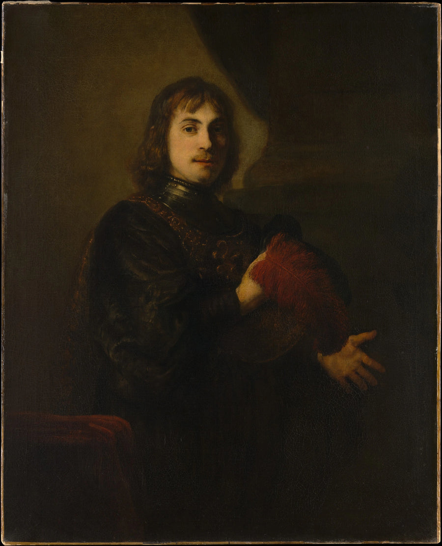 Miehen muotokuva haarniskassa ja sulkahatussa - Rembrandt