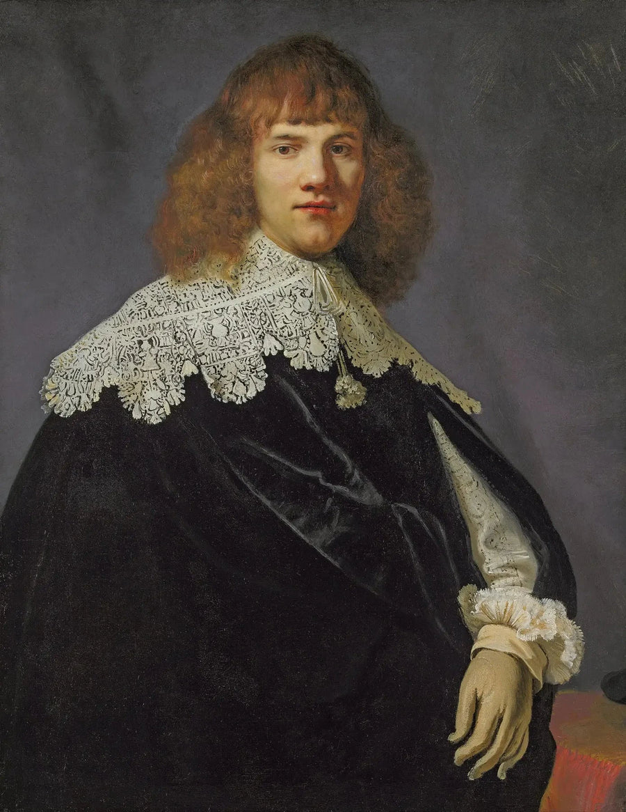 Puolivartalokuva herrasta, joka on pukeutunut mustaan samettitakkiin ja valkoiseen pitsikaulukseen ja -hihoihin - Rembrandt