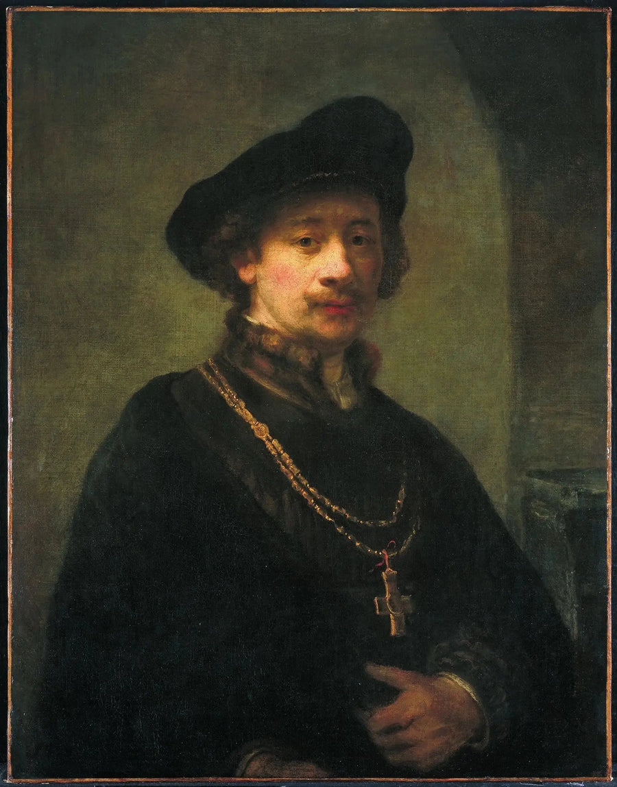 Itsepotretti beretissä, kultaketjussa ja sauva kädessä - Rembrandt