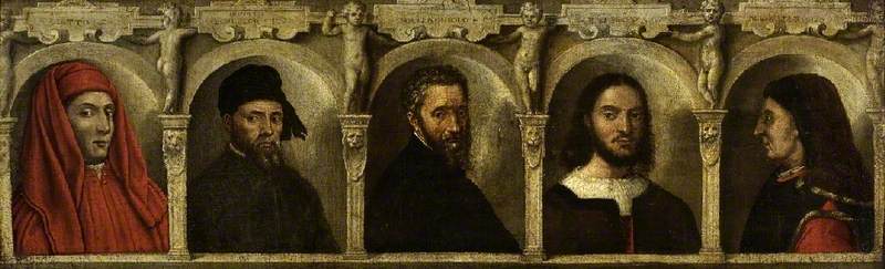 Viisi taiteilijan muotokuvia, Giotto, Donatello, Michelangelo, Raphael ja Brunelleschi - Francesco Salviati