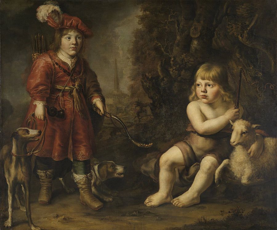 Portraits de deux garçons dans un paysage, l'un habillé en chasseur, l'autre en Jean-Baptiste - Douwe Juwes de Dowe