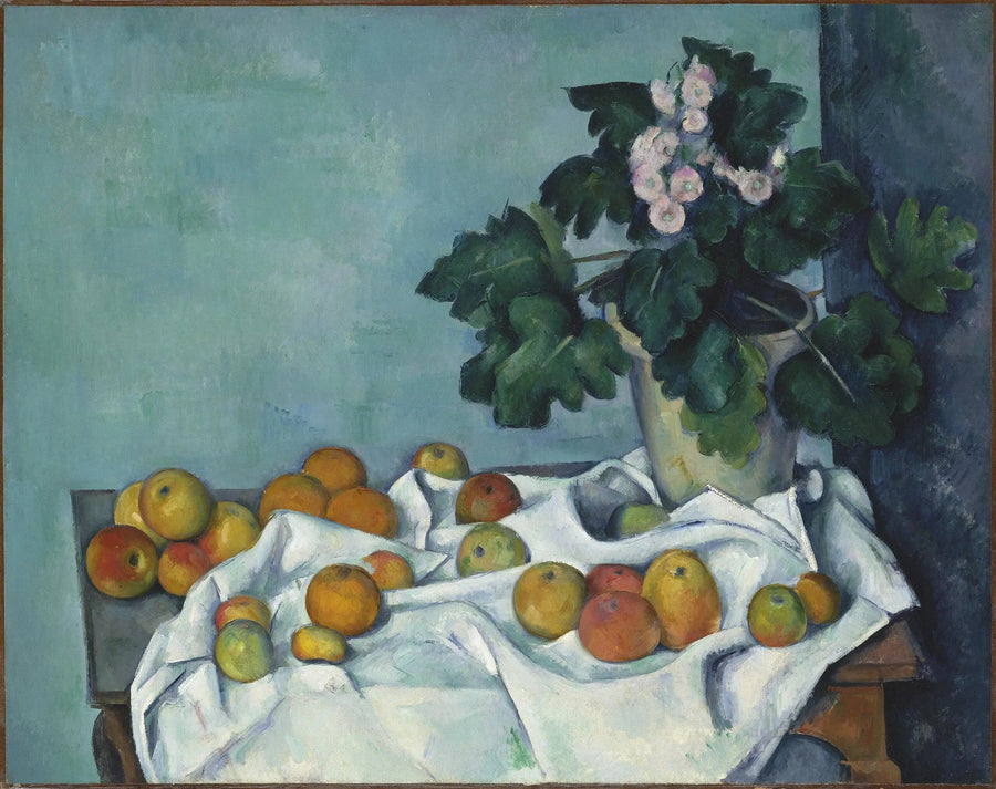 Primula- ja hedelmäkulho pöydällä - Paul Cézanne