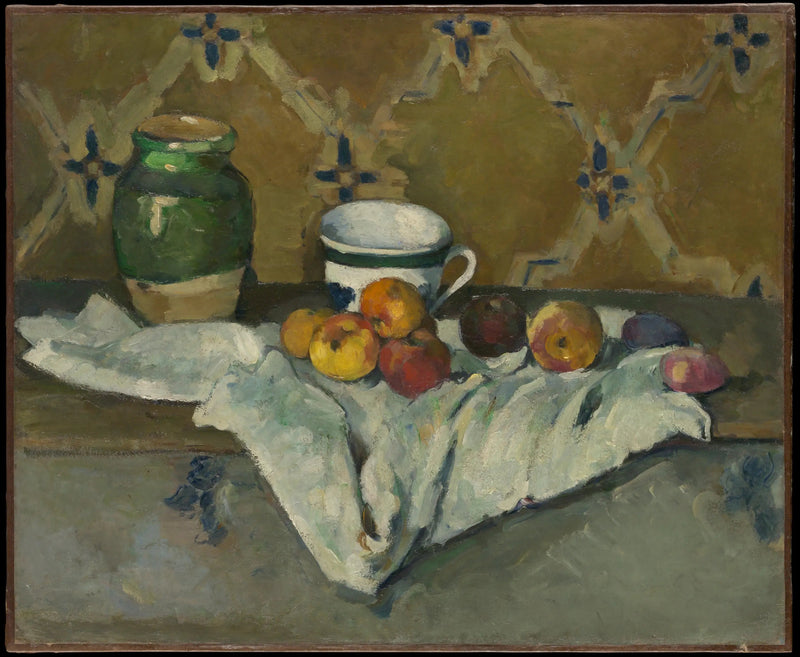 Keramiikka, kuppi ja hedelmiä valkoisella pöytäliinalla - Paul Cézanne