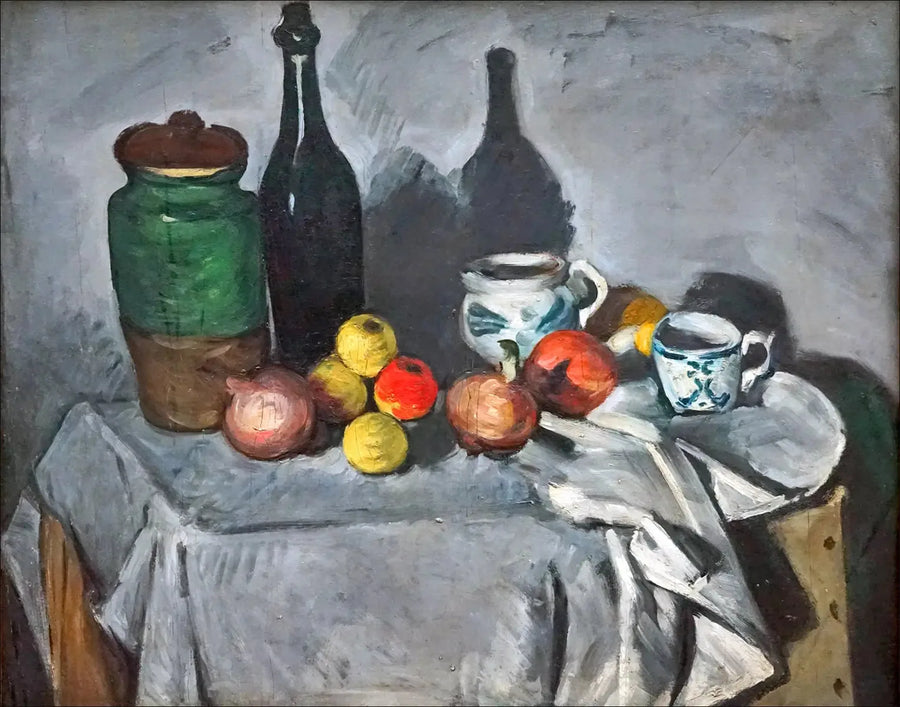 Potit, pullo, kuppi ja hedelmät - Paul Cézanne