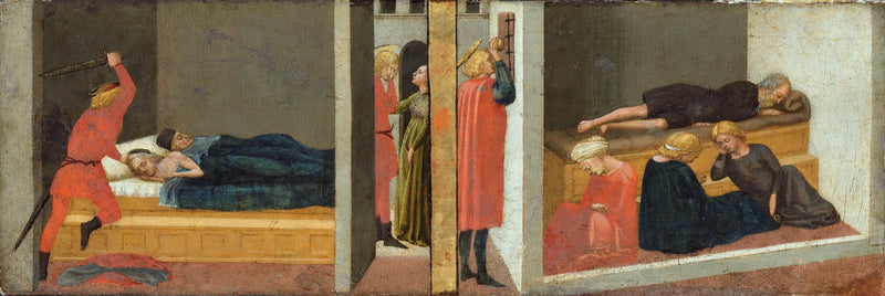 Alttaripaneeli ; Oikea paneeli : Pyhän Julian parricidi - Pyhän Nikolaoksen Bari-miracle - Masaccio