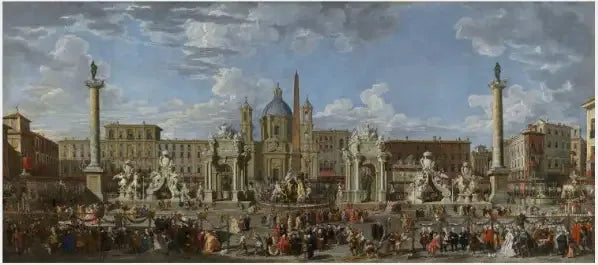 Valmistelut Ranskan Delfiinin syntymän juhlistamiseen Piazza Navonalla - Giovanni Paolo Panini
