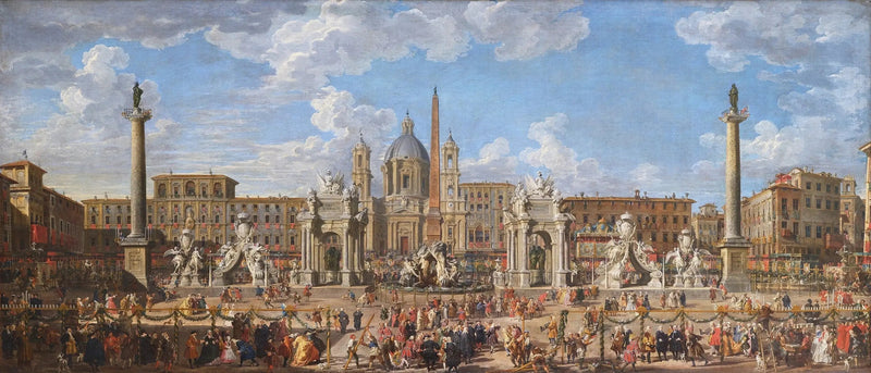 Ilotulituksen ja juhlapäivän koristeiden valmistelu Navonen aukiolla Roomassa 30. marraskuuta 1729, Dauphinin syntymäpäivän kunniaksi - Giovanni Paolo Panini