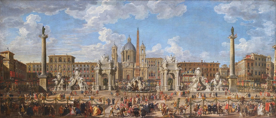 Ilotulituksen ja juhlapäivän koristeiden valmistelu Navonen aukiolla Roomassa 30. marraskuuta 1729, Dauphinin syntymäpäivän kunniaksi - Giovanni Paolo Panini