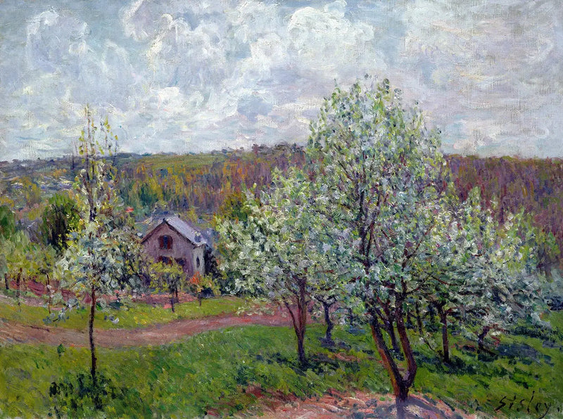 Kevät Pariisin ympäristössä. Kukassa olevat omenapuut - Alfred Sisley