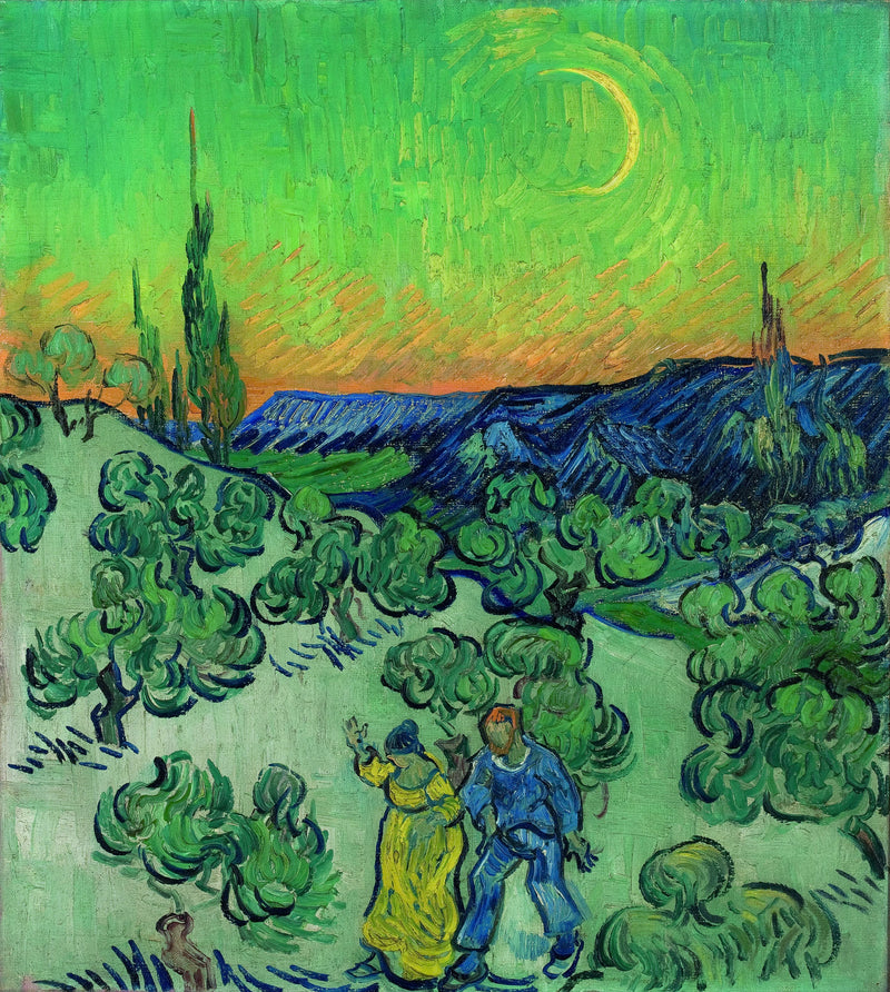 Maisema pariskunnan kävelyllä ja kuunsirppi - Vincent van Gogh