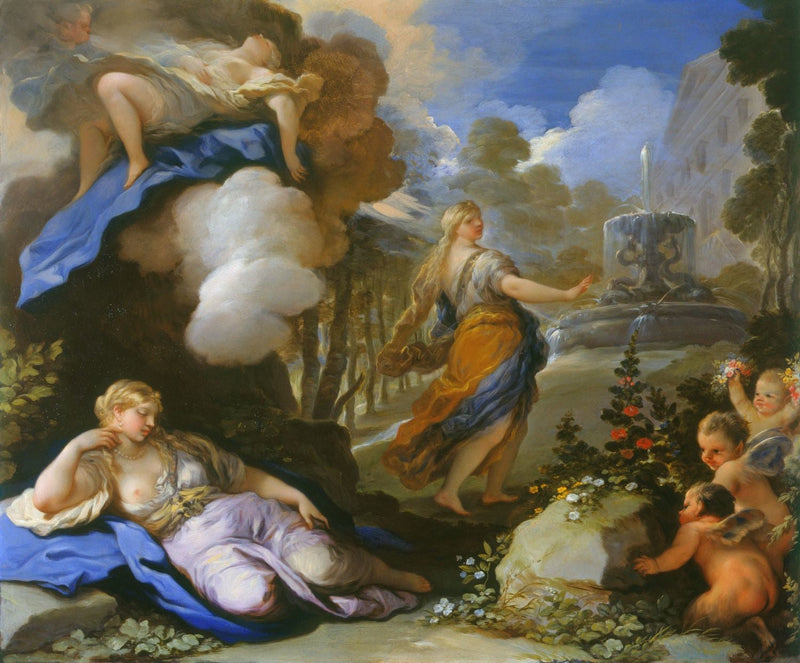 Psyké kuljetettuna ja löytämässä Cupidon palatsin - Luca Giordano