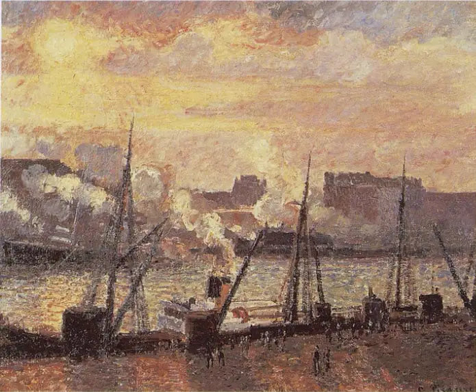Bourse-ranta Rouenissa, auringonlasku - Camille Pissarro