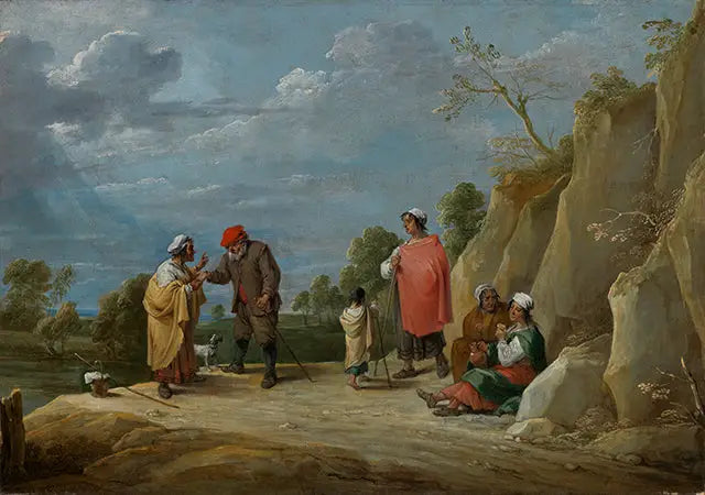 Neljä romaa lapsen kanssa, joista yksi ennustaa hyvää tulevaisuutta maanviljelijälle - David Teniers nuorempi
