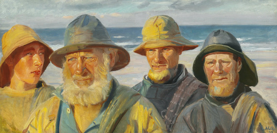 Neljä kalastajaa seisoo auringossa Skagenin rannalla - Michael Peter Ancher