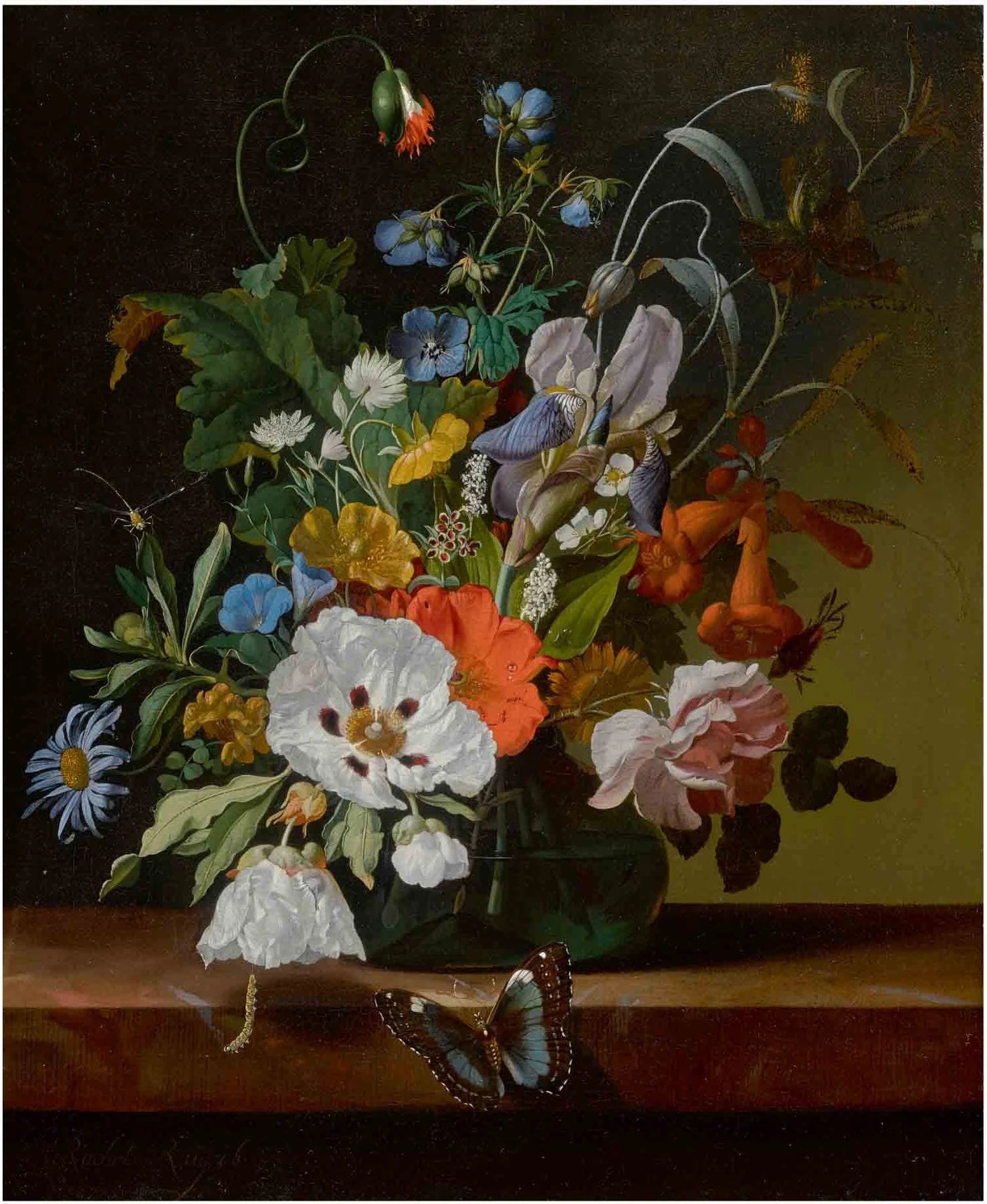 Fleurs dans un vase avec libellule, chenille et papillon, peinture de Rachel Ruysch