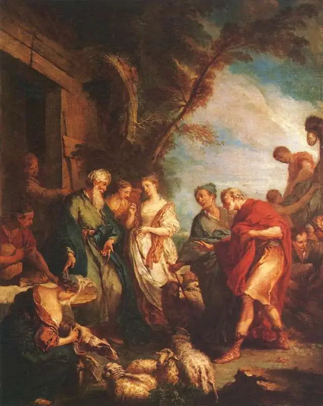 Rébecca saa Eliezerilta Abrahamin tämän - François Boucher