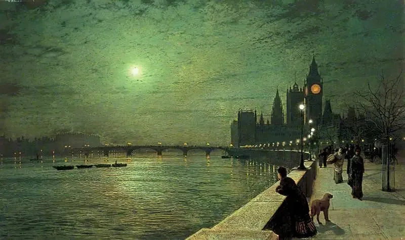 Pohdintoja Thamesistä, Westminsteristä, Lontoosta - John Atkinson Grimshaw