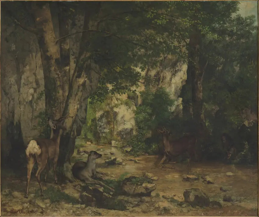 Pieni metsästysreki Plaisir-Fontaine-joen rannalla - Gustave Courbet