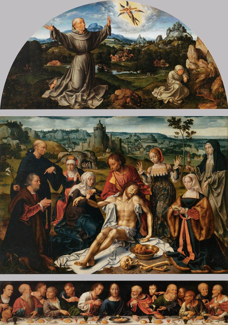 Kristuksen surun alttari: Kristuksen suru (keskipaneeli); Pyhän Franciscuksen stigmatisaatio (ikkuna); Viimeinen ehtoollinen (alttari) - Joos van Cleve