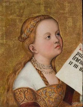 Prahan alttaritaulu [vasen siipi, fragmentti] : Pyhä (Apollonia?) - Lucas Cranach vanhempi