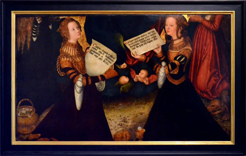 Prahan alttaritaulu [keskipaneeli, fragmentti] : Pyhittäret Katariina ja Barbara sekä fragmentteja Pyhästä Dorothéesta ja Pyhä Margueritesta - Lucas Cranach vanhempi