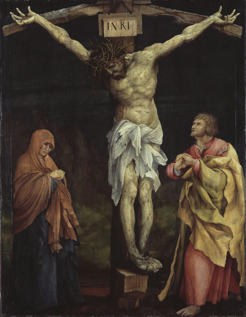 Tauberbischofsheimin alttaritaulu: Ristiinnaulittu Kristus Marian ja pyhän Johanneksen kanssa - Matthias Grünewald
