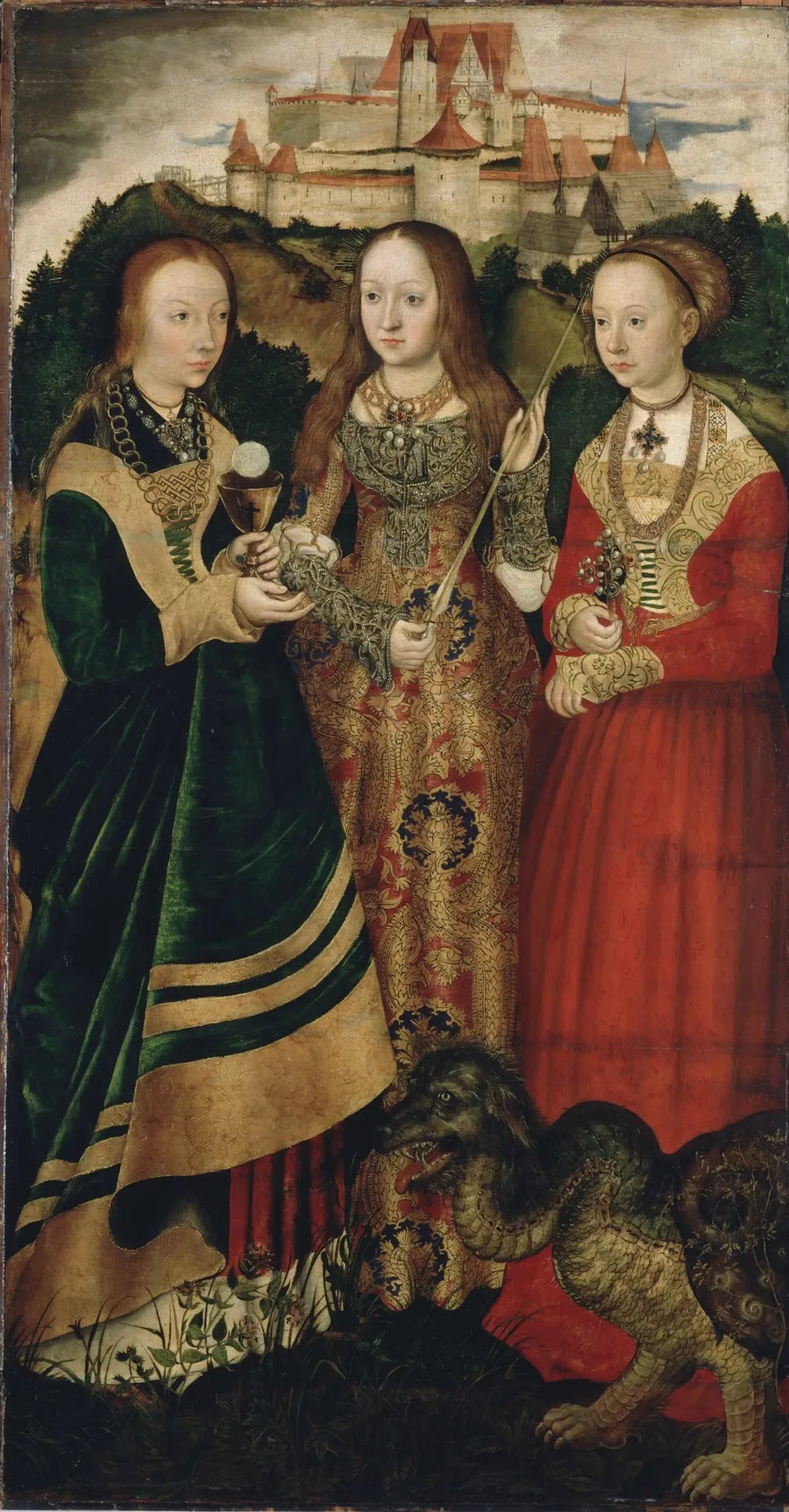 Marttyyrin alttaritaulu Pyhän Katariinan: Pyhä Barba, Pyhä Ursula, Pyhä Margareeta [oikea siipi, etupuoli] - Lucas Cranach vanhempi