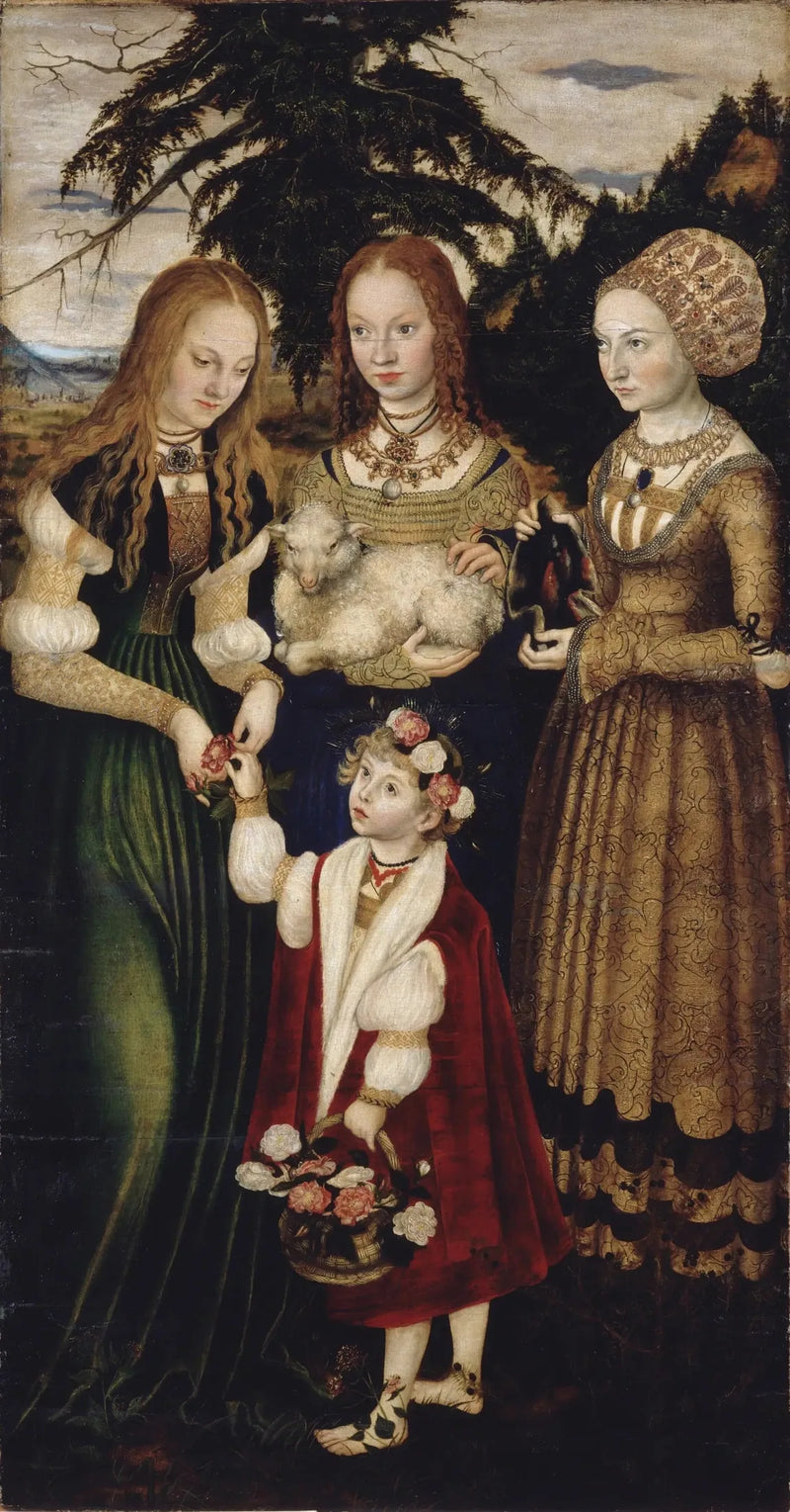 Retabel de la martyre de Sainte Catherine : Sainte Dorothée, Sainte Agnès, Sainte Cunégonde [aile gauche, recto] - Lucas Cranach the Elder