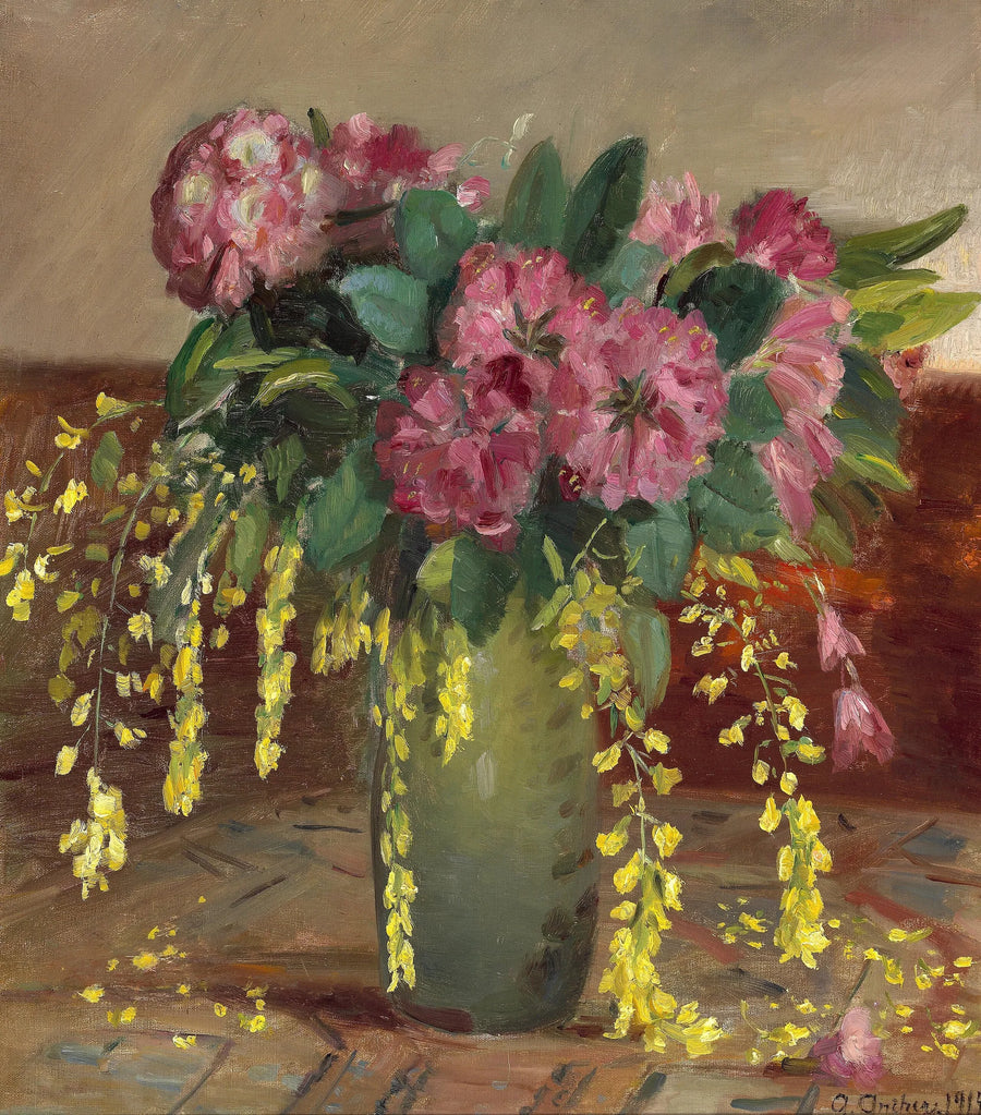 Vaaleanpunaisia ​​alppiruusuja ja sipulia vihreässä maljakossa - Anna Ancher