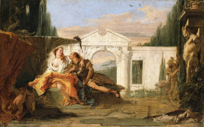 Rinaldo ja Armida Armidan taianomaisessa puutarhassa, kuunneltuna Carlo ja Ubaldo - Giovanni Battista Tiepolo