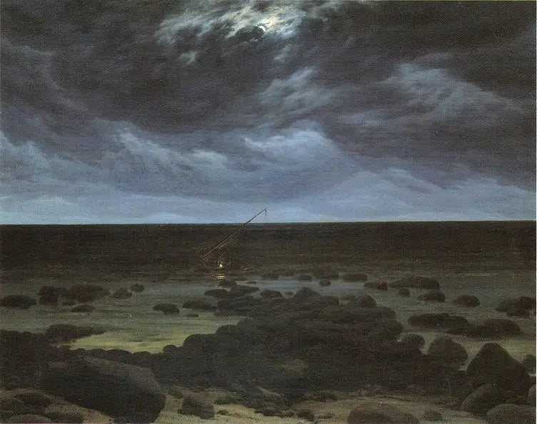 Ranta hylätyn veneen kanssa kuuvalossa - Caspar David Friedrich